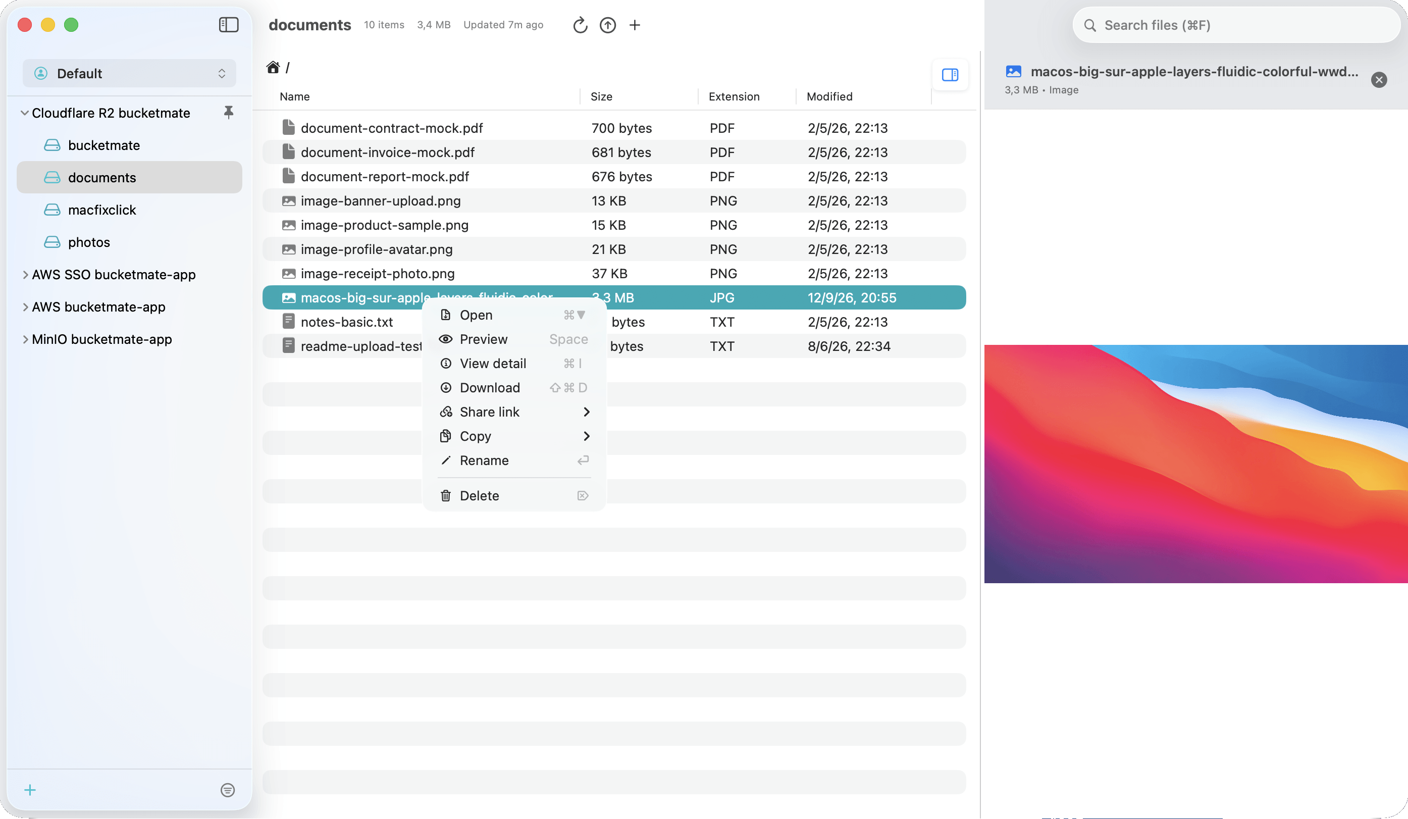 BucketMate S3 GUI for macOS showing multi-provider bucket browser and file management